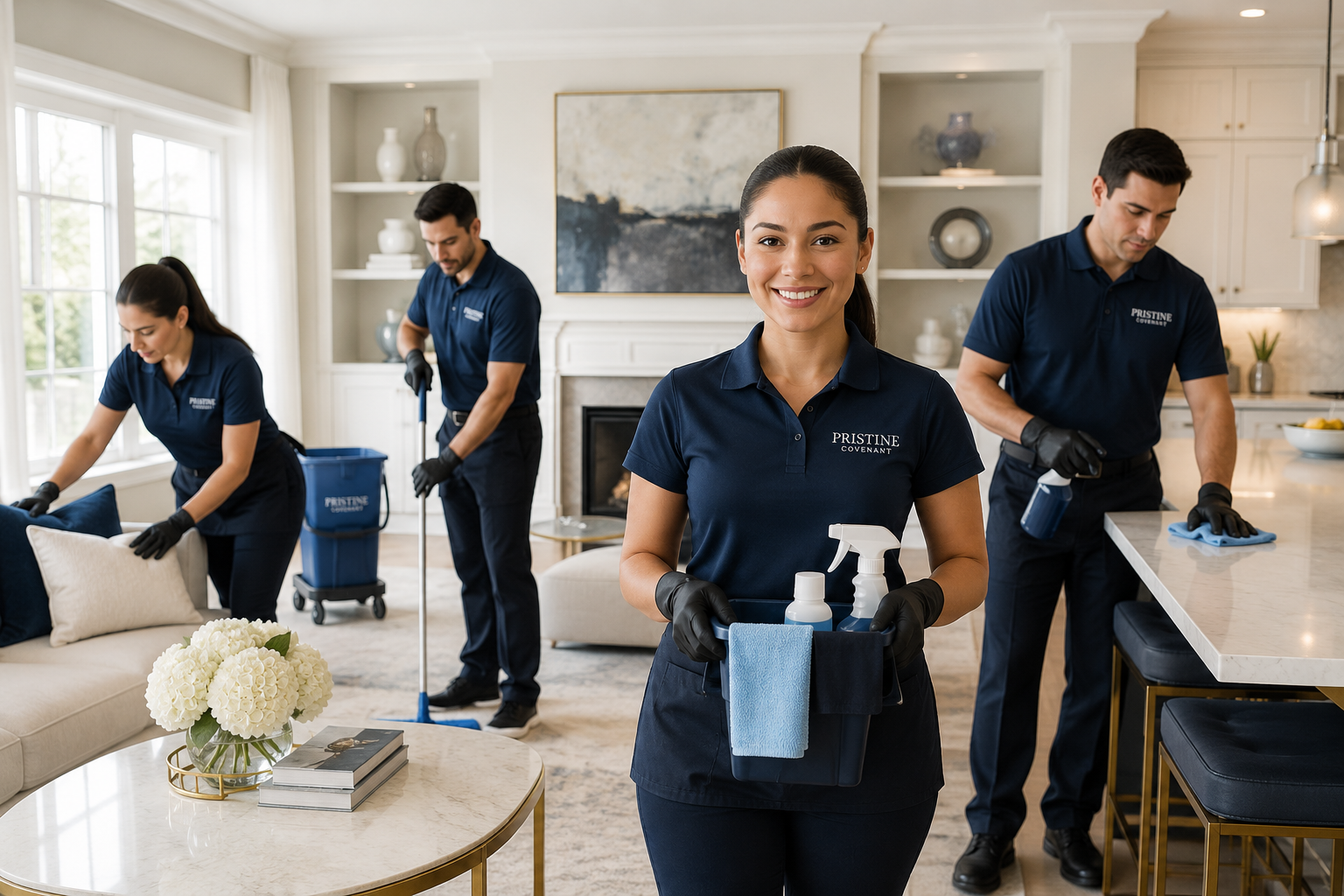 Pristine Covenant cleaning team working in a bright home
